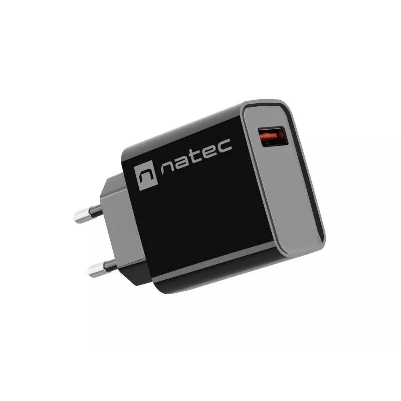 NATEC AC fast charging indoor wired charger Ribera — 18W (5–15V, up to 3A), 1× USB-A, Huawei FCP/SCP, black