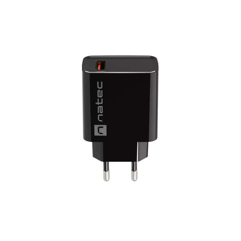 NATEC AC fast charging indoor wired charger Ribera — 18W (5–15V, up to 3A), 1× USB-A, Huawei FCP/SCP, black