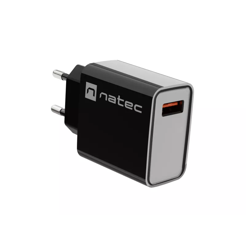 NATEC AC fast charging indoor wired charger Ribera — 18W (5–15V, up to 3A), 1× USB-A, Huawei FCP/SCP, black