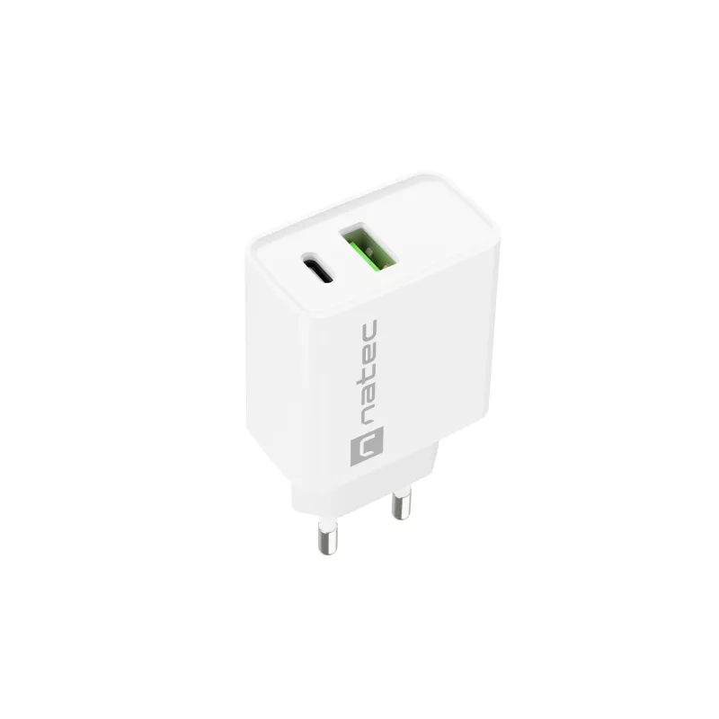Indoor AC Fast Charging Charger NATEC RIBERA 12V 20W USB-C PD 3.0 + USB-A Samsung AFC White