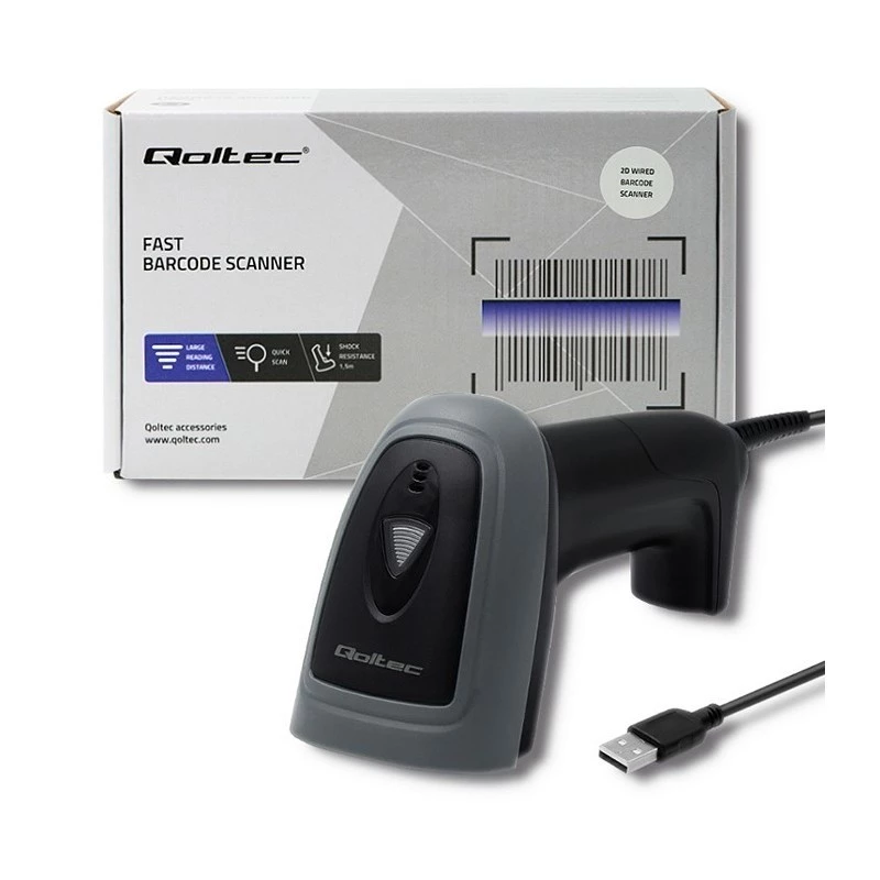 Handheld barcode reader QOLTEC 50863 — 1D/2D scanner, USB wired, LED sensor, black, 5V, 1.8 m cable
