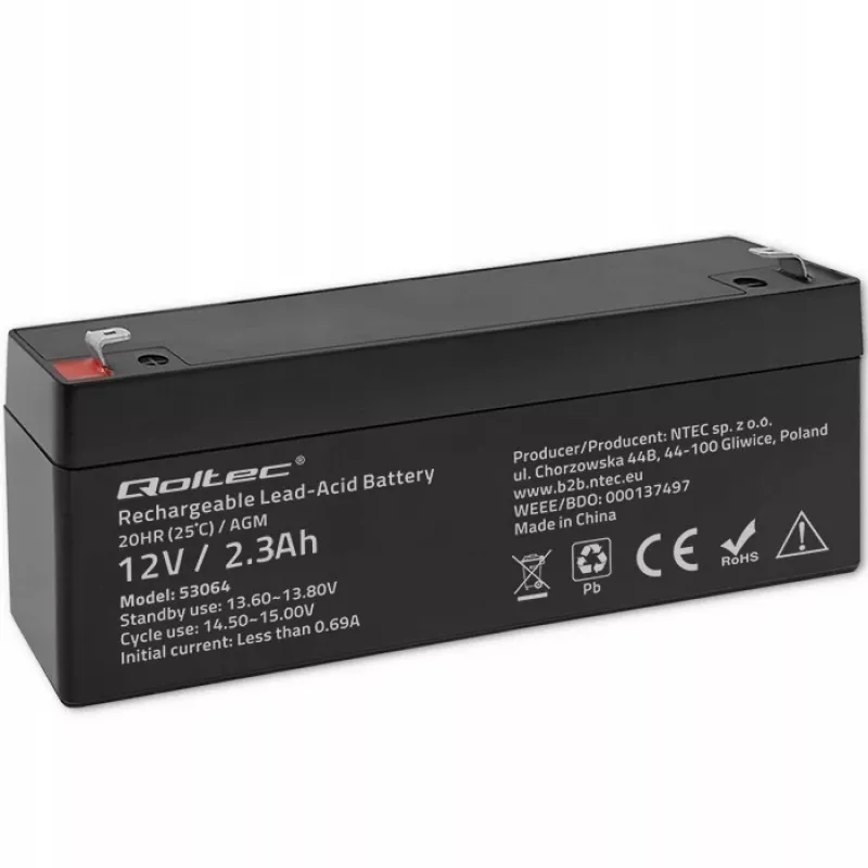 Sealed AGM battery QOLTEC 12V 2.3Ah for UPS and backup systems, max discharge 34.5A