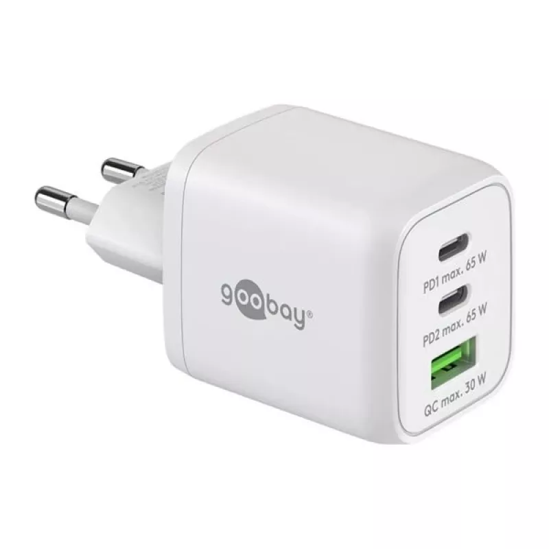 USB-C Fast Charger Nano, PD, GaN, 65 Watt (White, 1x USB-A, 2x USB-C PD, Charge 3.0)