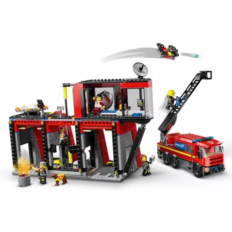 Construction Toy LEGO City Fire Station with Turntable Ladder Vehicle 60414 — 843 pieces, 5 minifigures, 220×320×140 mm