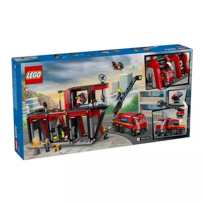 Construction Toy LEGO City Fire Station with Turntable Ladder Vehicle 60414 — 843 pieces, 5 minifigures, 220×320×140 mm