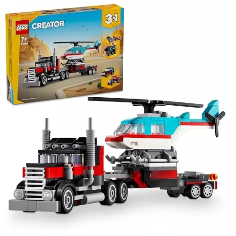 LEGO Creator 2-in-1 Flatbed Truck with Helicopter set 31146, convertible build for kids