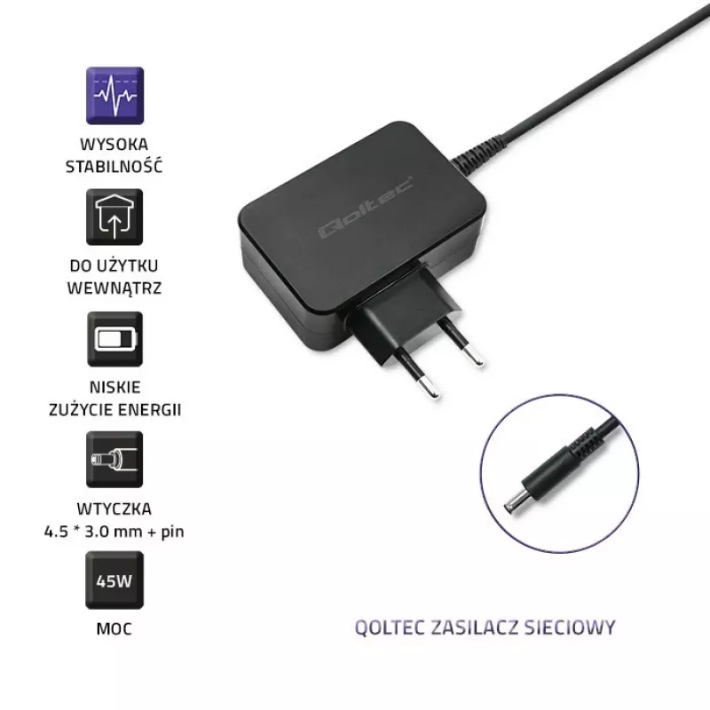 QOLTEC Power Adapter for Dell Laptop 45W 19.5V 2.31A 4.5x3.0mm Blue Tip