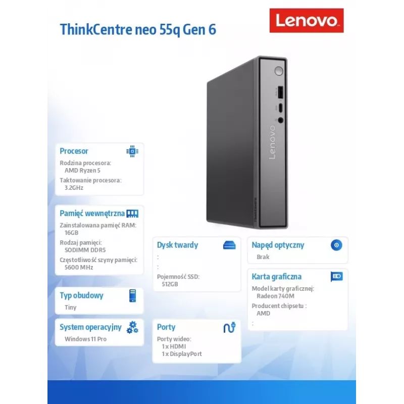 Lenovo ThinkCentre Neo 55q Tiny G6 Mini PC, AMD Ryzen 5, 16GB RAM, 512GB SSD, Windows 11 Pro, Black