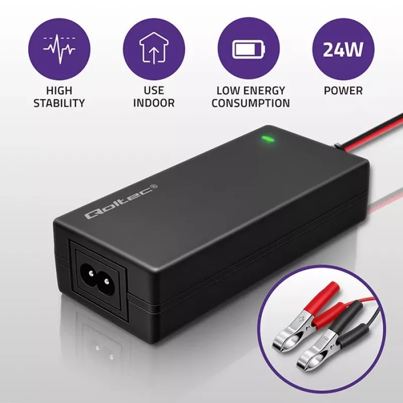Qoltec Automatic Battery Charger for AGM GEL STD | Rectifier 12V | 2A | 24W | LED | Cable 1.8m
