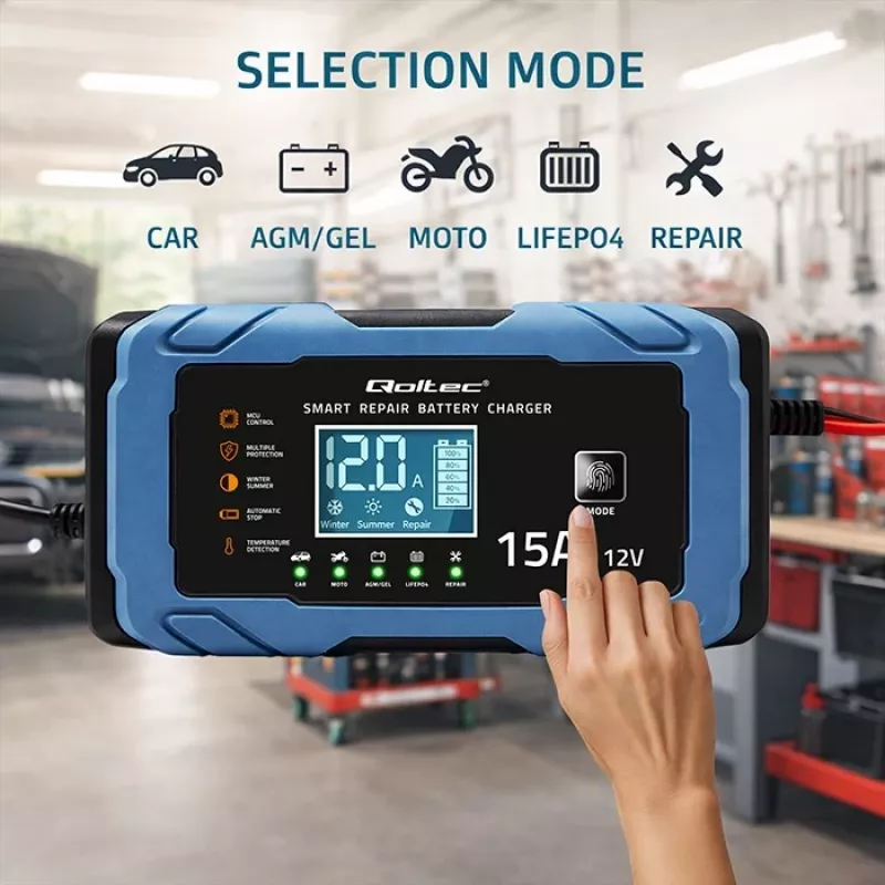 Qoltec Intelligent Microprocessor Charger 12V 15A | Rectifier with Repair Function | AGM GEL LiFePO4 | 9-Stage Charging