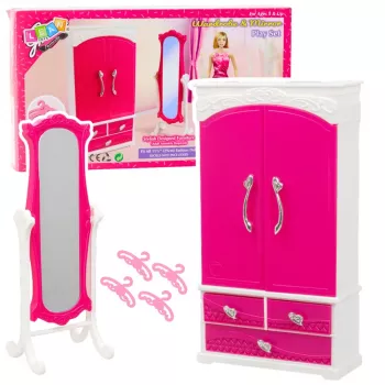 LEAN TOYS Doll Furniture Set Wardrobe Mirror Hangers Pink
