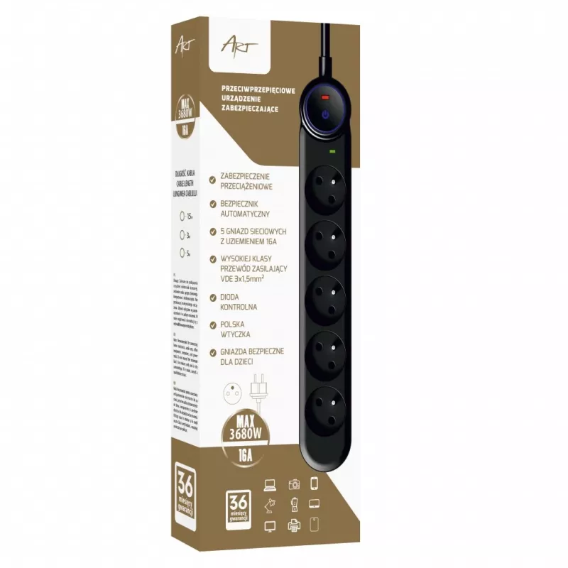 ART F2100 Power Strip 5 Outlets 16A 1.5m Black