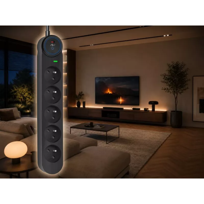 ART F2110 Power Strip 5 Outlets 16A 3m Black