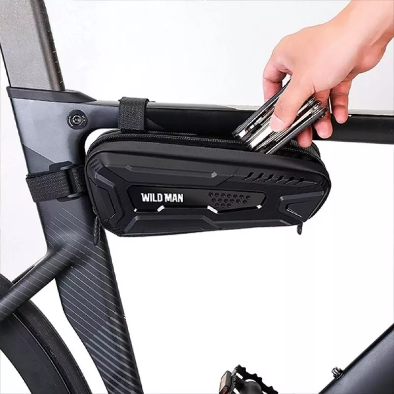 WILDMAN Bicycle Frame Bag M, Black, PU Leather, EVA, 1.2L, Phone Compartment, Touchscreen Compatible