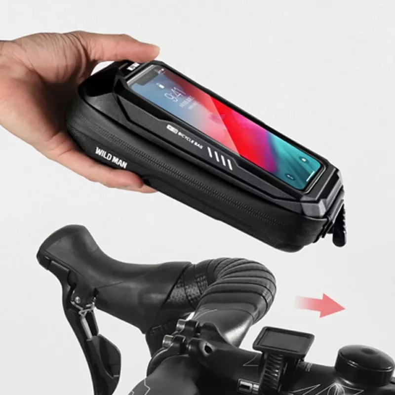 WILDMAN X3 Bicycle Handlebar Bag with Phone Holder, Black, Hard Shell, Water-Resistant, Up to 6.7 inch