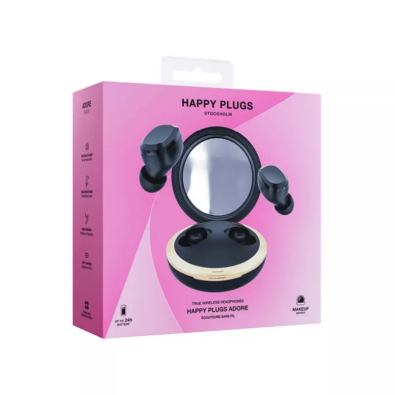 Happy Plugs Adore Wireless In-Ear Headphones with Mirror Charging Case (Black)