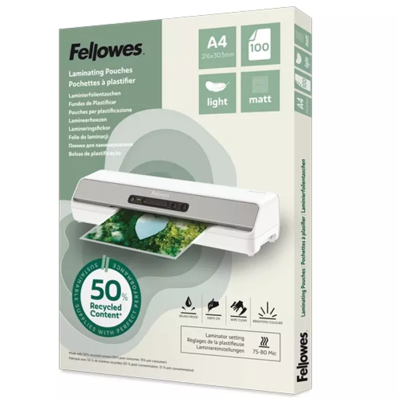 Fellowes 100-Pack A4 Matte Laminating Pouches, 80 Micron, Recycled