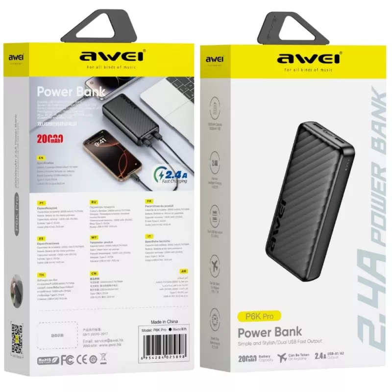 AWEI P6K Pro Power Bank 20000mAh 2xUSB-A/USB-C Black