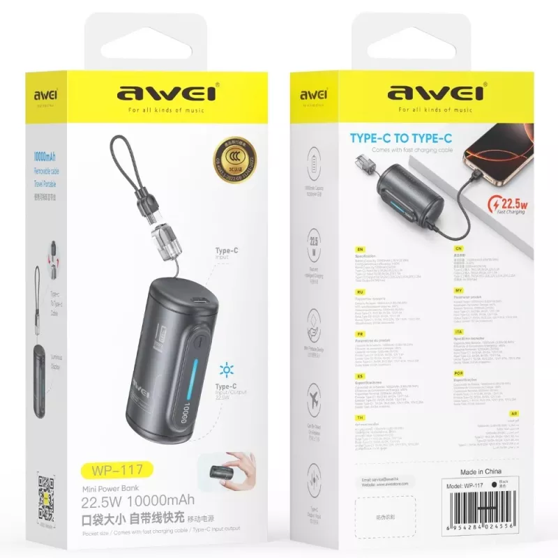 AWEI WP-117 Power Bank 10000mAh 22.5W 3C2xUSB-C Black