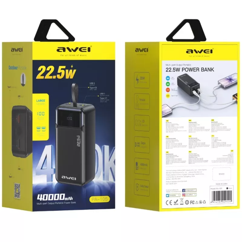 AWEI PA-105 Power Bank 40000mAh 22.5W PD QC 3.0 USB-C Black