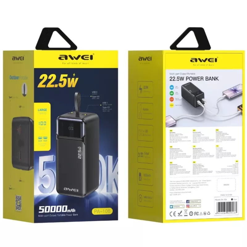 AWEI PA-106 Power Bank 50000mAh 22.5W PD 3xUSB-C Black