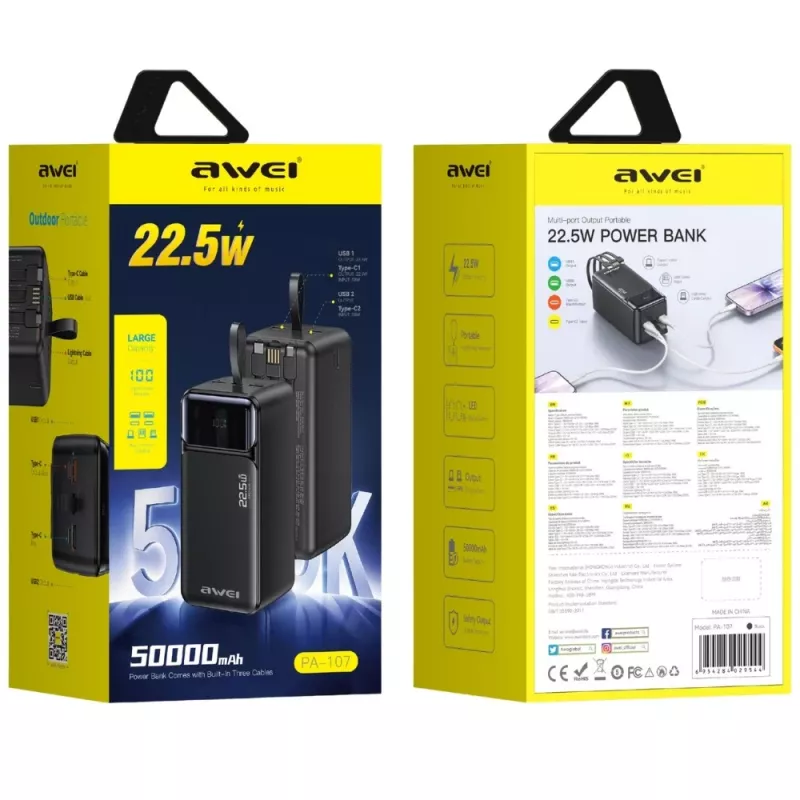 AWEI PA-107 Power Bank 50000mAh 22.5W PD 3xUSB Black