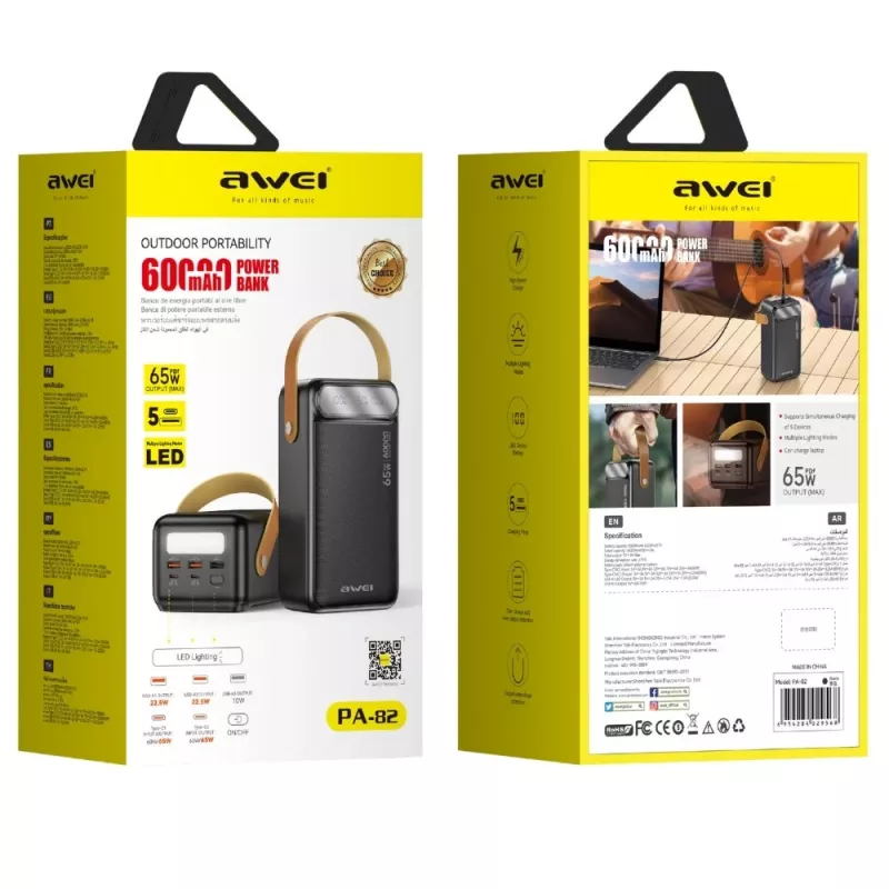 AWEI PA-82 Power Bank 60000mAh 65W PD 2xUSB-A/USB-C Black
