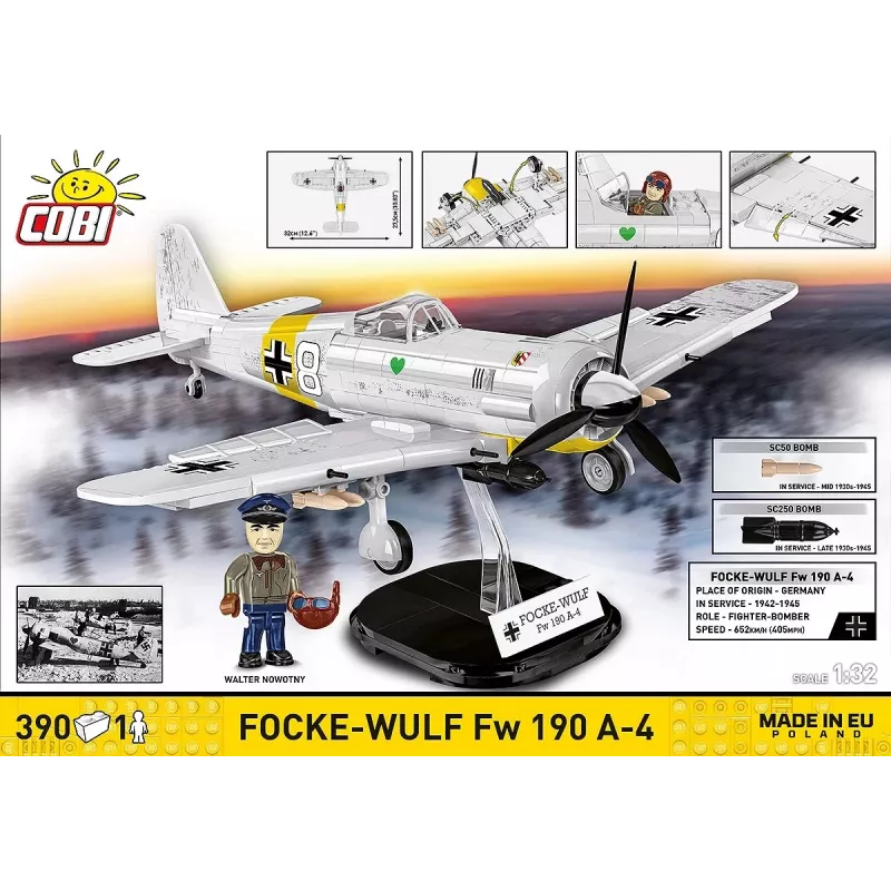 COBI Focke-Wulf Fw 190 A-4 Construction Blocks Set – 1:32 Scale WWII Aircraft Model, 334 Pieces, Pilot Figure, Display Stand