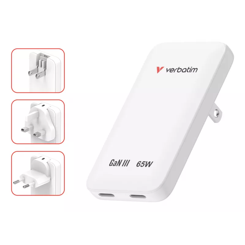 Verbatim Slim GaN Charger 2 Port 65W (EU/UK/US) White