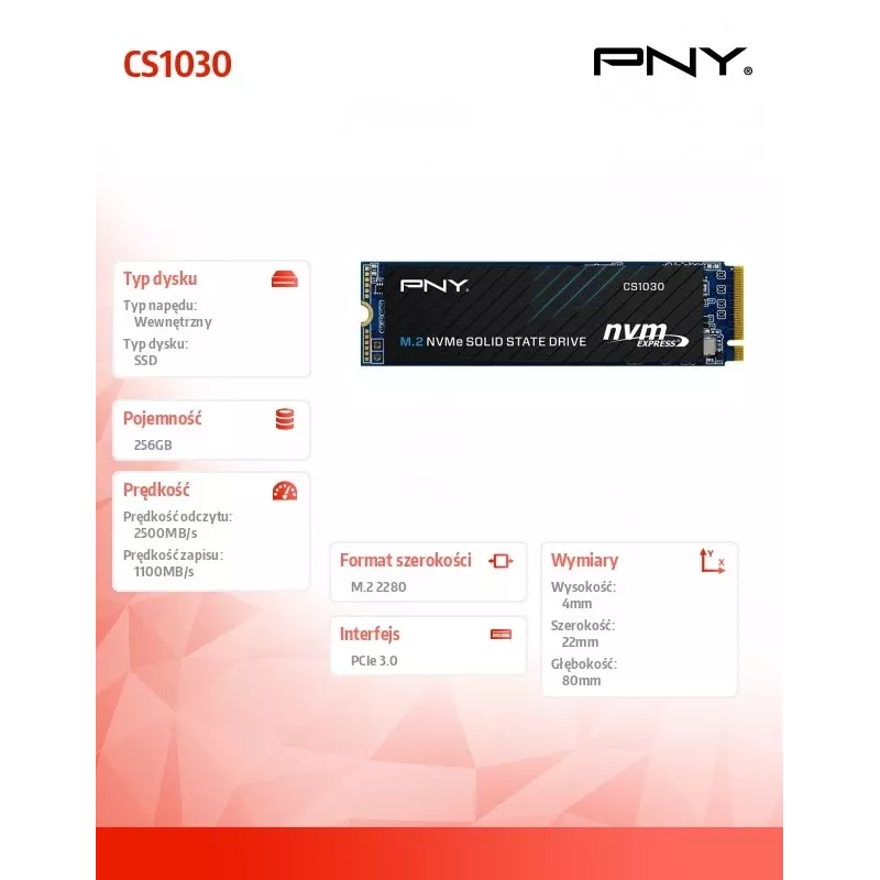 PNY CS1030 256GB M.2 2280 PCIe NVMe Gen3 x4 Internal Solid State Drive (Bulk)