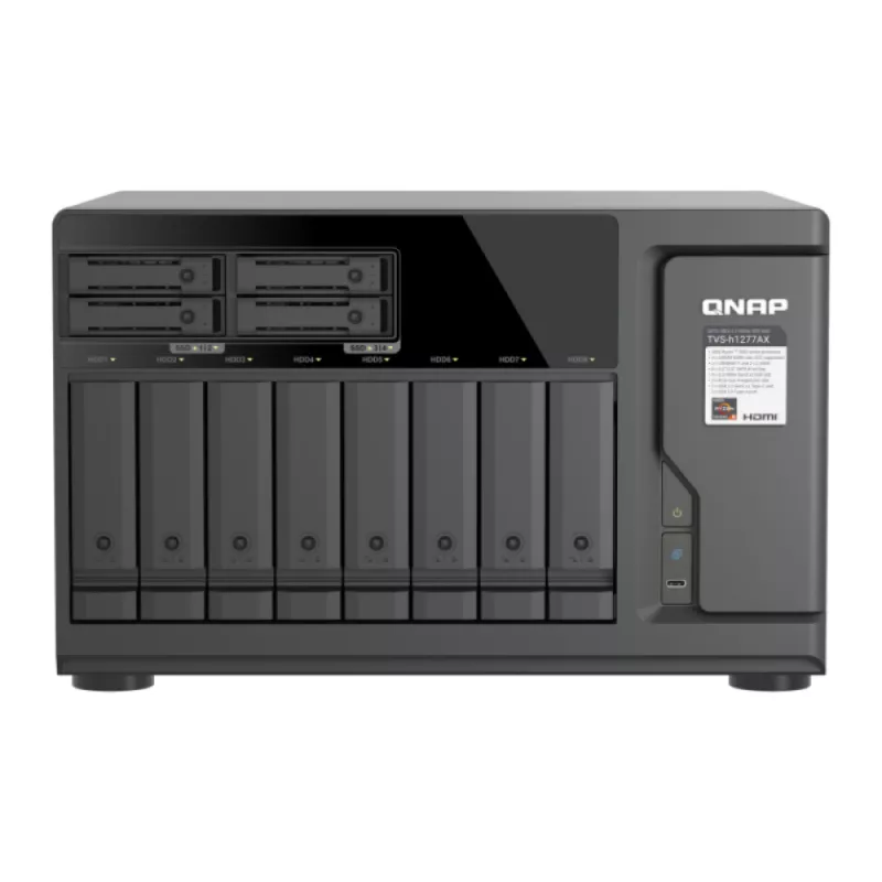 QNAP TVS-h1277AX-R5-16G 12-Bay QuTS hero NAS, AMD EPYC 7232P 8-Core, 64GB DDR4 ECC, 2x25GbE SFP28, 2x2.5GbE, 12x U.2 NVMe/SATA SSD Bays