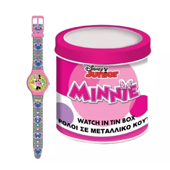 PULIO Analog Watch in Tin Case - Disney Minnie Mouse, Pink PU Leather Strap, Quartz Movement, 30mm Metal Alloy Case, Splash Resistant, Girls 6+