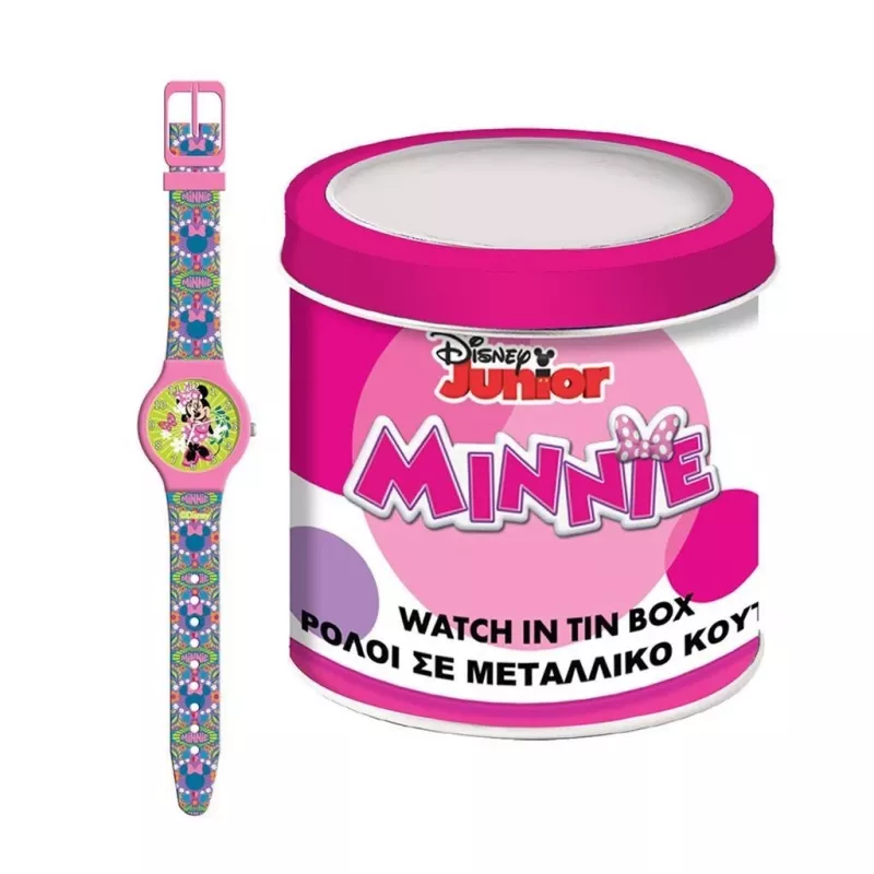 PULIO Analog Watch in Tin Case - Disney Minnie Mouse, Pink PU Leather Strap, Quartz Movement, 30mm Metal Alloy Case, Splash Resistant, Girls 6+