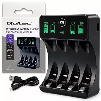 Qoltec NiMH/NiCd Battery Charger for AA, AAA, C, D, 9V with LCD Display and USB-C Cable - Black