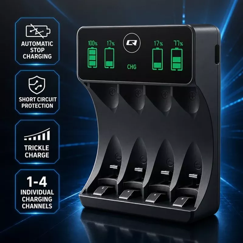 Qoltec NiMH/NiCd Battery Charger for AA, AAA, C, D, 9V with LCD Display and USB-C Cable - Black