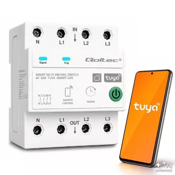 Qoltec Three-Phase 63A Smart Wi-Fi Circuit Breaker 4P (3P+N) DIN Rail | Timer | Tuya | Smart Life | Amazon Alexa