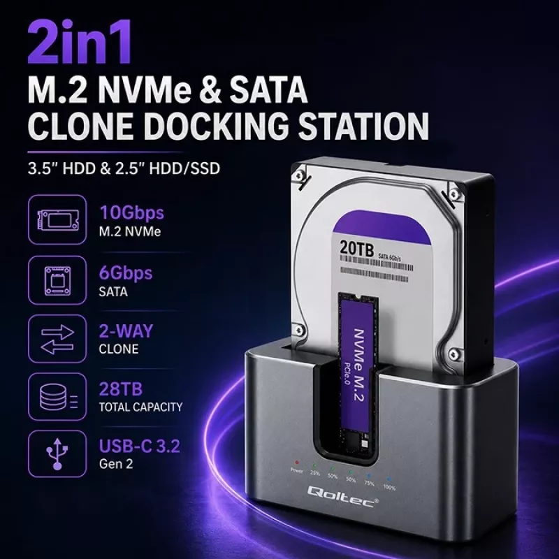 Qoltec 2in1 HDD SSD Docking Station SATA M.2 NVMe with Cloning, USB-C 3.2 Gen 2, 10Gbps, Up to 28TB, Aluminum