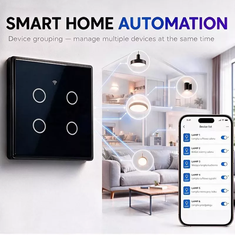 Qoltec Smart Touch Light Switch 4-Gang Wi-Fi Timer Tuya | Tempered Glass | White