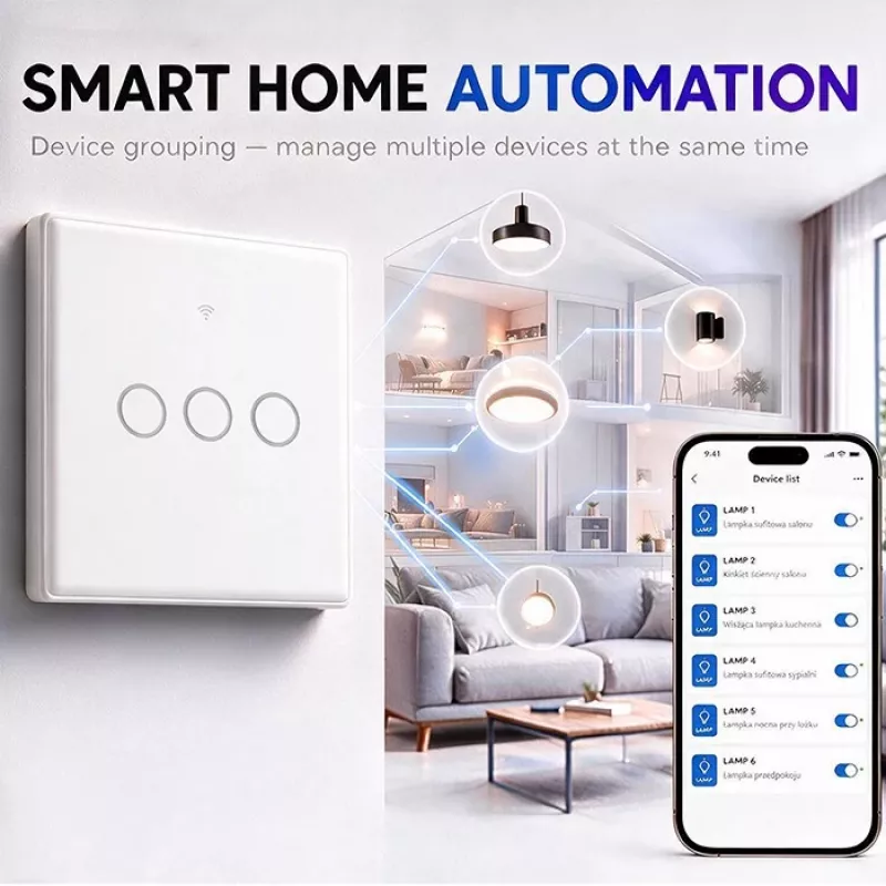 Qoltec Smart Touch Light Switch 3-Gang Wi-Fi Timer Tuya White