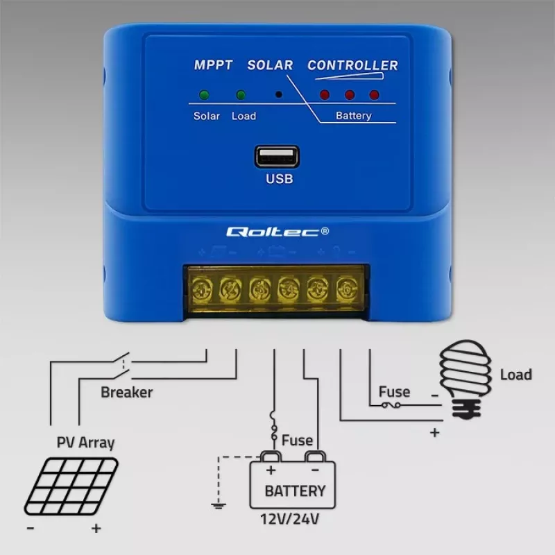 QOLTEC MPPT 15A Solar Charge Controller 12V/24V for LiFePO4, Gel, AGM, Flooded, Sealed Lead-Acid with LCD and RS485