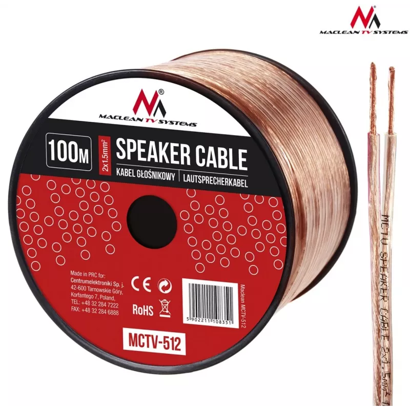 MACLEAN MCTV-512 Speaker Cable 100m 2x1.5mm² Transparent OFC Bulk Reel