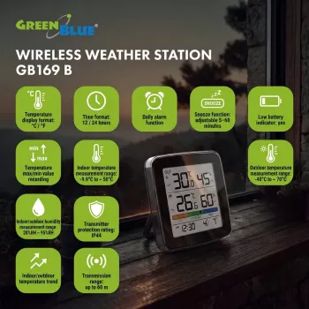 GREENBLUE GB169 B Wireless Weather Station with Color Display and Outdoor Sensor