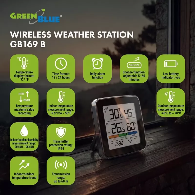 GREENBLUE GB169 B Wireless Weather Station with Color Display and Outdoor Sensor