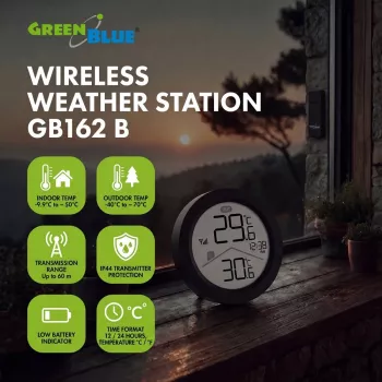 GREENBLUE Wireless Weather Station GB162 B – Indoor/Outdoor Temperature & Humidity Monitor with Remote Sensor
