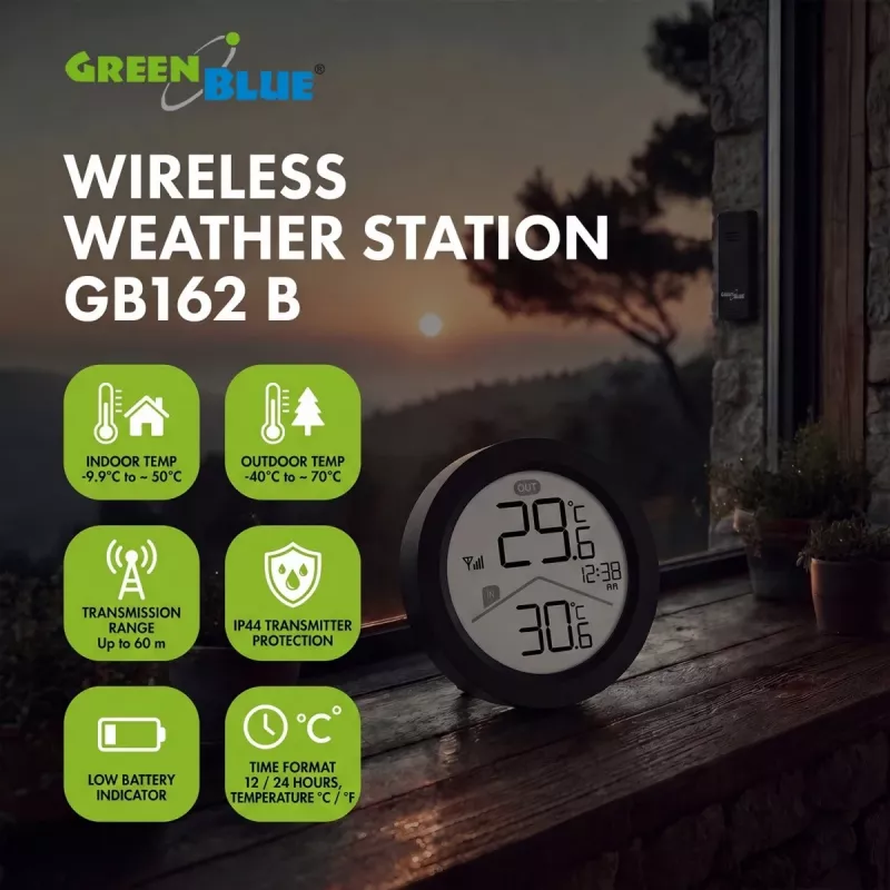 GREENBLUE Wireless Weather Station GB162 B – Indoor/Outdoor Temperature & Humidity Monitor with Remote Sensor