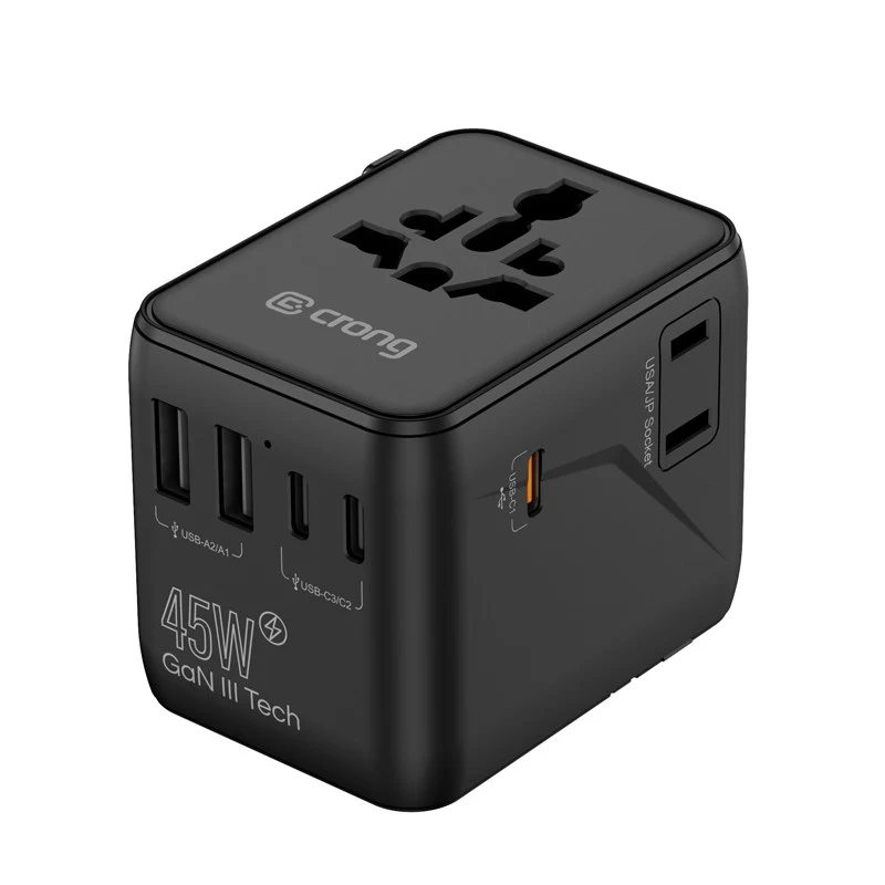 Crong One World Travel Adapter GaN 45W UK/EU/US/AU Black