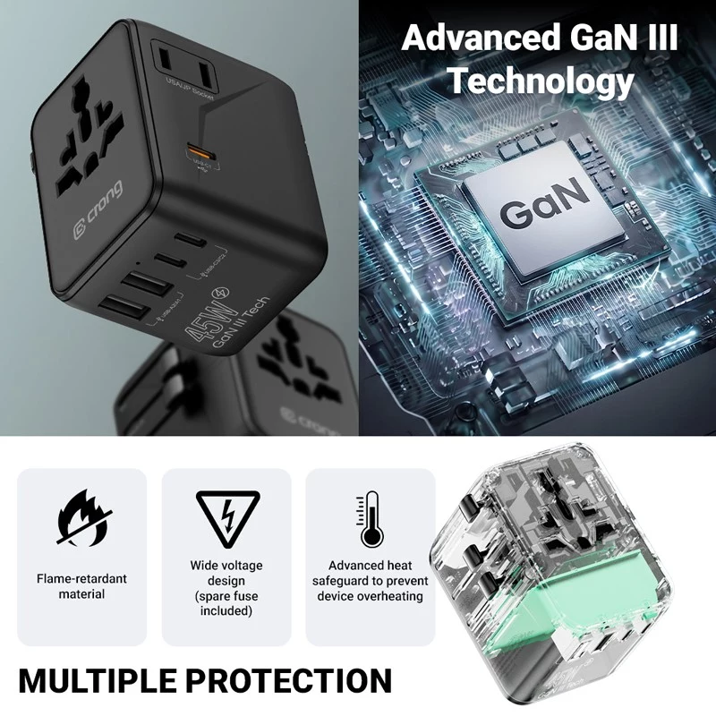 Crong One World Travel Adapter GaN 45W UK/EU/US/AU White