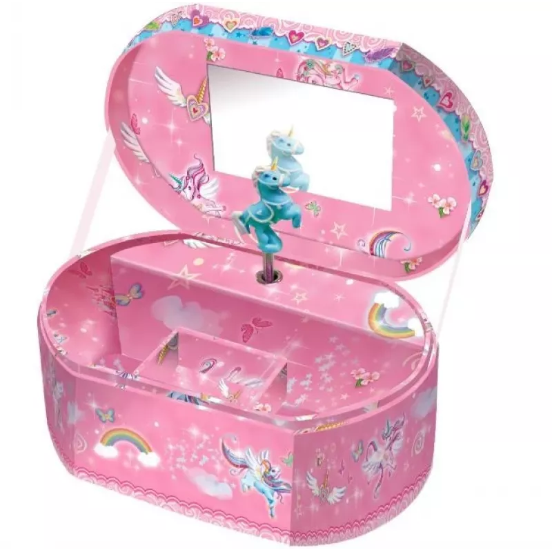 PULIO Pecoware Oval Music Box - Unicorn, Wind-Up Twinkle Twinkle Little Star, Spinning Figurine, Mirror, Flocked Lining, Multicolour