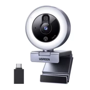 UGREEN 2K QHD Webcam with LED Fill Light and Built-in Microphone, 30fps, USB 2.0, Autofocus, 80° FOV, Clip-on & Tripod Ready, Black