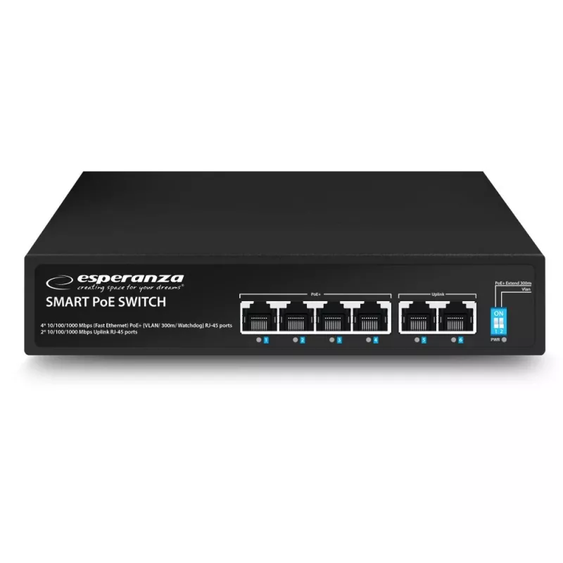 ESPERANZA 6-Port PoE+ Gigabit Switch 65W GOLIATH (4 PoE+ Ports, 2 Uplinks, 12 Gbps, Fanless Metal)